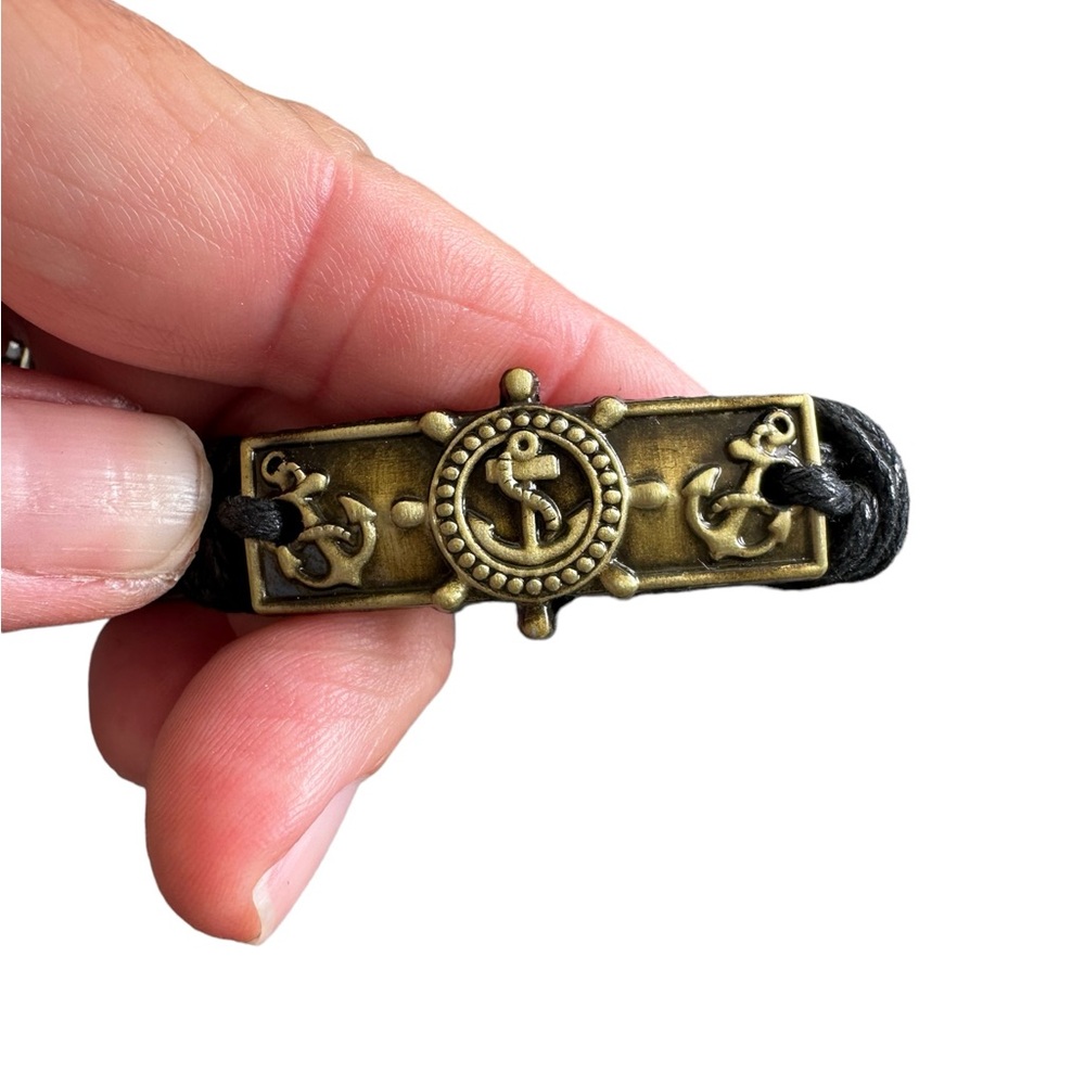 Black Silver Adjustable Bracelet with Antique Gold Anchor Bar